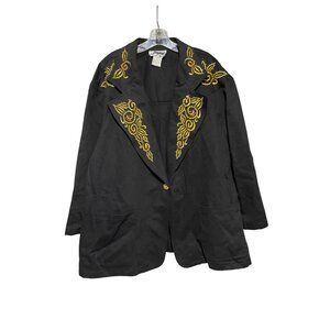 Vintage DVine Womens Embroidered Blazer Jacket Black & Gold With Red Accents 3x